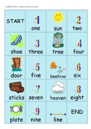 English Worksheet: RHYMING DOMINO CARDS - numbers + rhyming word