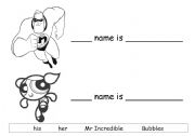 English worksheet: Mr Incredible and Bubbles