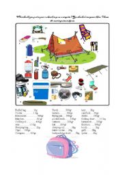 English Worksheet: camping vocabulary, speaking activity, reaching a consensus.