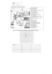 English Worksheet: Things in the kitchen and bathroom -- coloring and wordsearch 