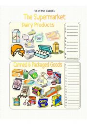 English Worksheet: The Supermarket Pic. Dic. - Dairy Products and Canned Goods - Fill in the Blanks