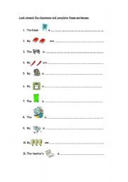 English Worksheet: Prepositions, classroom objects