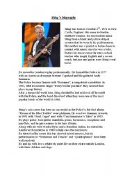 English Worksheet: Sting´s biography with a reading comprehension