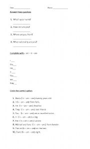 English worksheet: verb to be