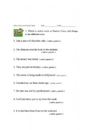 English Worksheet: Practicing active voice  and passive voice