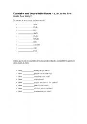 English Worksheet: Countable and Uncountable Nouns 