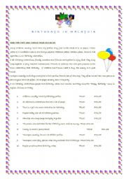 English Worksheet: reading comprehension: celebrating birthdays!
