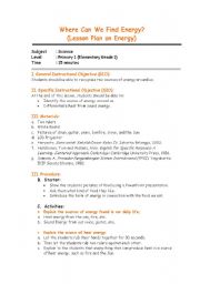 English worksheet: Where can we find energy?