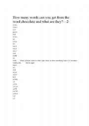 English worksheet: How many words can you get from the word chocolate and what are they?-2