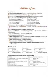 English Worksheet: articles a, an and the, no article