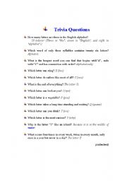 English worksheet: Alphabet Trivial Questions (With Answers)  - Part  I 