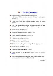 English Worksheet: Alphabet Trivial Questions (With Answers)  - Part  I 