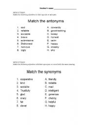 English worksheet: Describin people Antonyms and synonyms matching