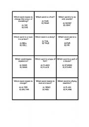 English Worksheet: HOMOPHONES GAME (36 CARDS)