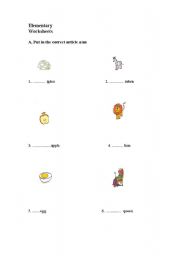 English worksheet: Articles for children