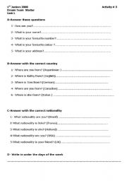 English worksheet: Questions verb to be -Nationalities -countries -presonal information 