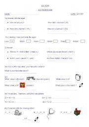 English worksheet: To test vocabulary, listening and answering