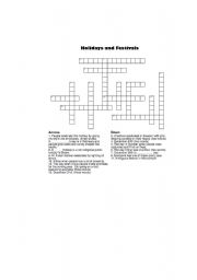 English worksheet: Holidays and Festivals Crossword