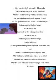English Worksheet: Can you feel the love tonight