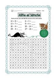 Addition and Subtraction Worksheet and Wordsearch