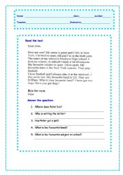 English Worksheet: reading, answering questions, simple present, 
