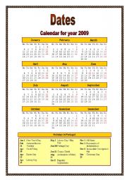 English Worksheet: Calendar for year 2009 (dates and holidays)