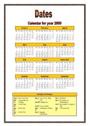 Calendar for year 2009 (dates and holidays)