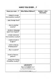 English worksheet: Present Perfect - Have you ever ...?