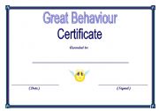 English Worksheet: Great Behaviour Certificate