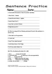 English worksheet: Sentce Practice Sheet