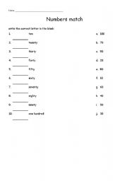 English worksheet: numbers match 10 by 10