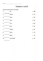 English Worksheet: numbers match 10 by 10