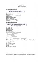 English Worksheet: BEAUTIFUL GIRLS SONG