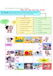 English Worksheet: What are Pupi and Pigi doing? A game for practicing the present continuous tense