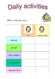 English Worksheet: daily activities survey and flashcards