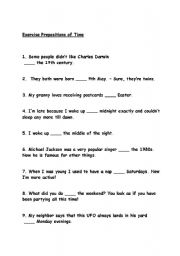 English Worksheet: Prepositions of Time - Funny exercise