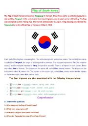 English Worksheet: Flag of South Korea (2 pages) Reading Comprehension