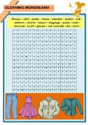 English Worksheet: Clothing wordsearch