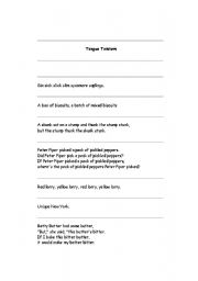 English worksheet: tongue twisters