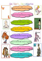 English Worksheet: can/cant  _  too+adjective