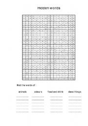 English worksheet: vocabulary wordsearch (animals, colours, food, drink & class things)