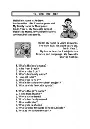 English Worksheet: He - She - His - Her