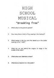 English Worksheet: Video activity High School Musical 1, breaking free