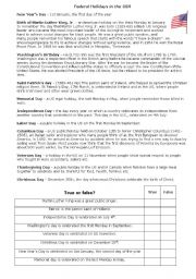 English Worksheet: Federal Holidays in the USA