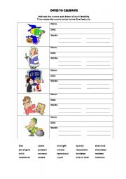 English Worksheet: Dates to Celebrate