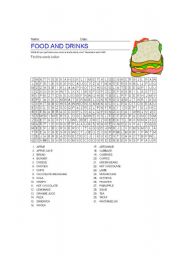 English Worksheet: FOOD AND DRINKS WORDSEARCH