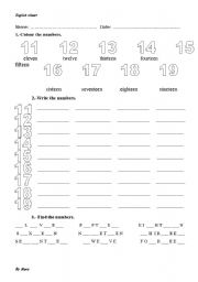 English Worksheet: NUMBERS FROM 11 - 20