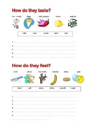 English Worksheet: How do these things taste, feel, look, soundand smell? 1/2
