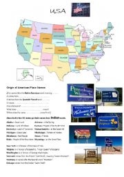 English Worksheet: USA map and origin of place names