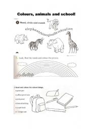 English Worksheet: Fun worksheet: Colours, animals and school